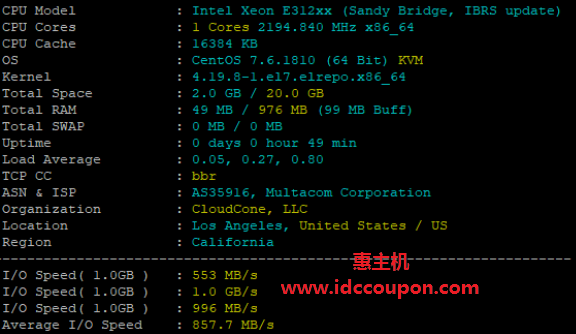 CloudCone SC2美国云服务器简单测评：三大骨干网络直连租用性价比高