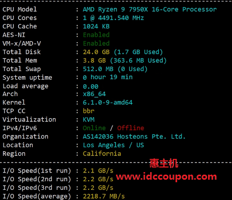 Hosteons高性能AMD Ryzen 9 7950X洛杉矶VPS评测：大带宽三网直连网络